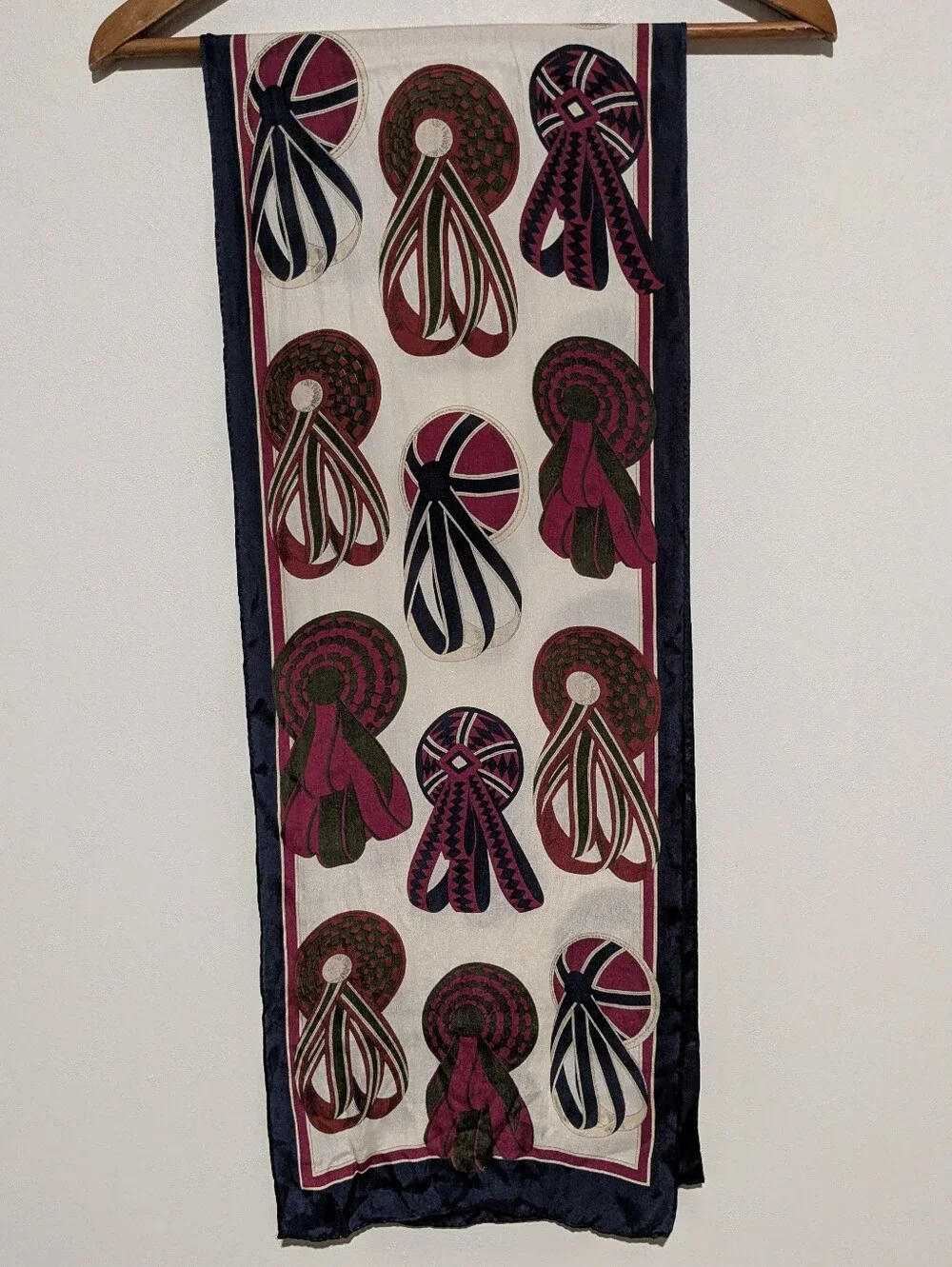 Vintage Ginnie Johansen Blue Maroon Red Cream Silk Rectangle Scarf 11 X 62 In